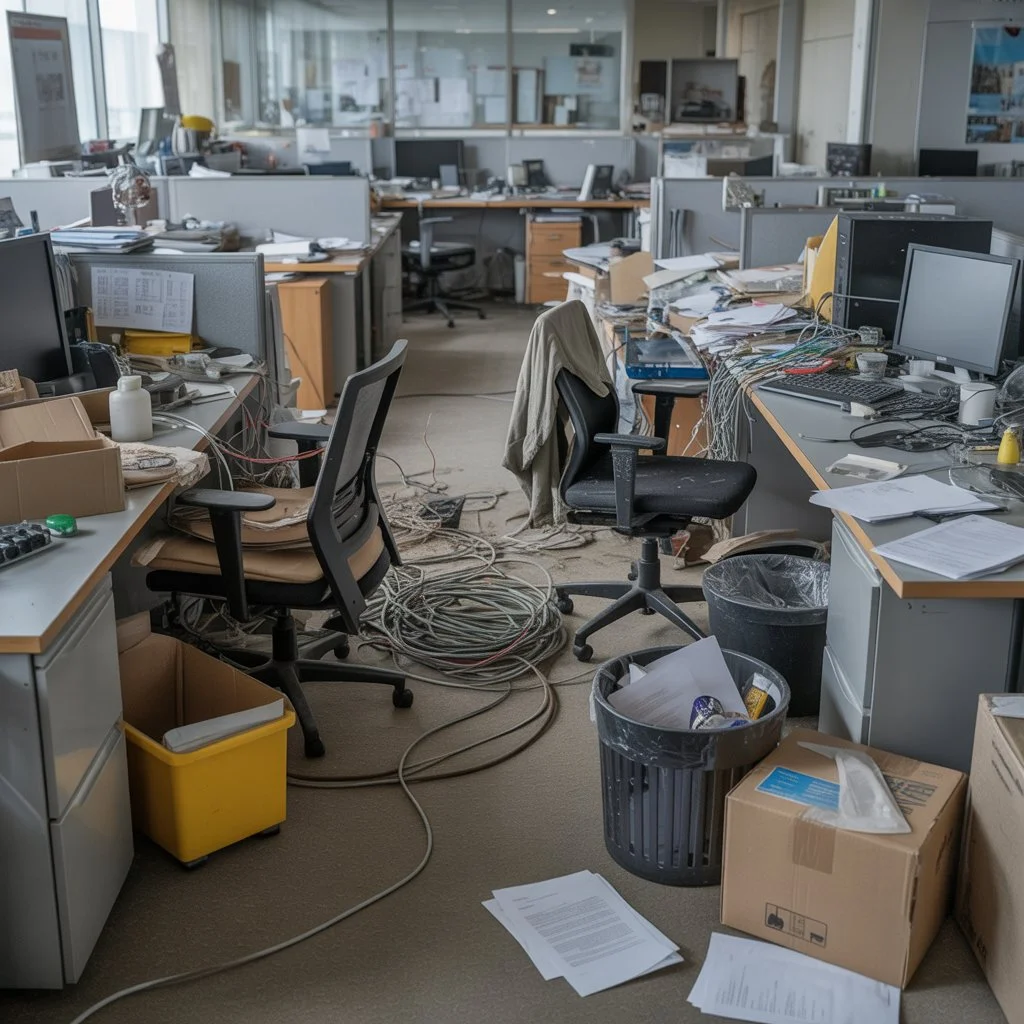 A messy and cluttered office workspace filled with junk. Before image A messy and cluttered office workspace filled with junk. Before image