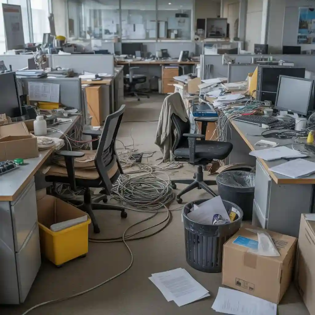 Before commercial junk removal - cluttered office workspace with cables and boxes near Gulch District Nashville TNA-messy-and-cluttered-office-workspace-filled-with-junk.-Before-image