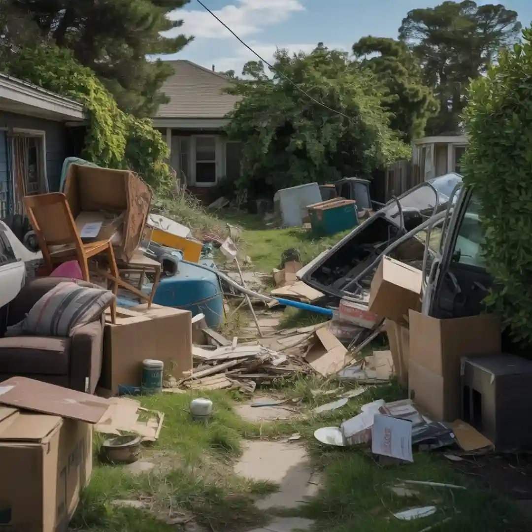 Before outdoor junk removal - heavily cluttered yard with furniture and debris near Radnor Lake State Park Brentwood TN 37027