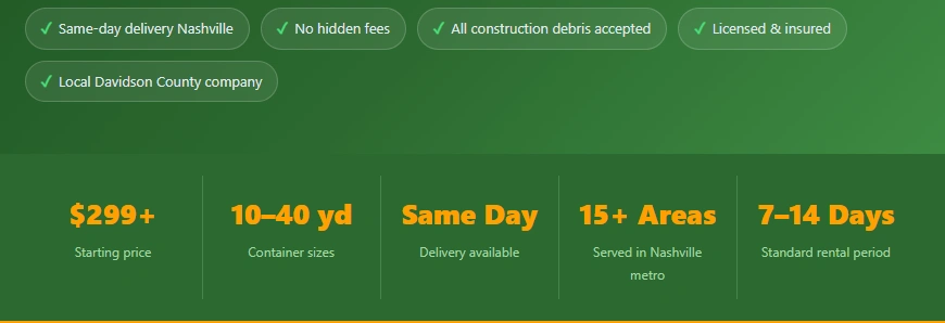 Construction dumpster rental in Nashville, TN prices and size